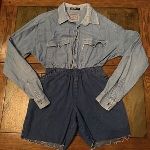 VINTAGE Custom Overalls Women's Denim Stretch Short Romper Size S / M Two Toned